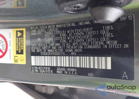 2013 Toyota Highlander Base V6 из США, поврежденный, VIN 5TDZK3EH7DS092115